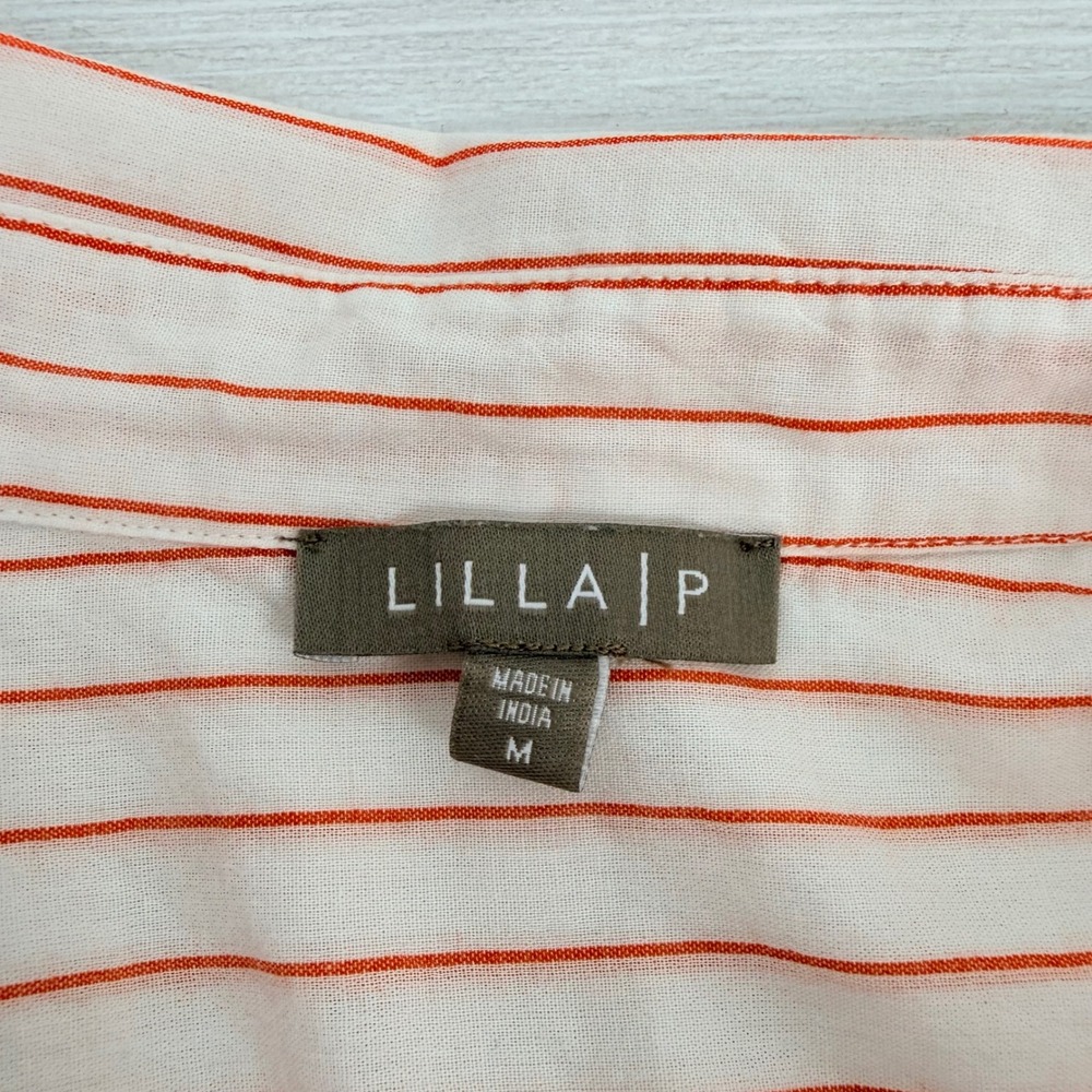LILLA P Boyfriend Button Down Shirt Top Women M Tangerine Stripe Cotton Minimal - Picture 9 of 16
